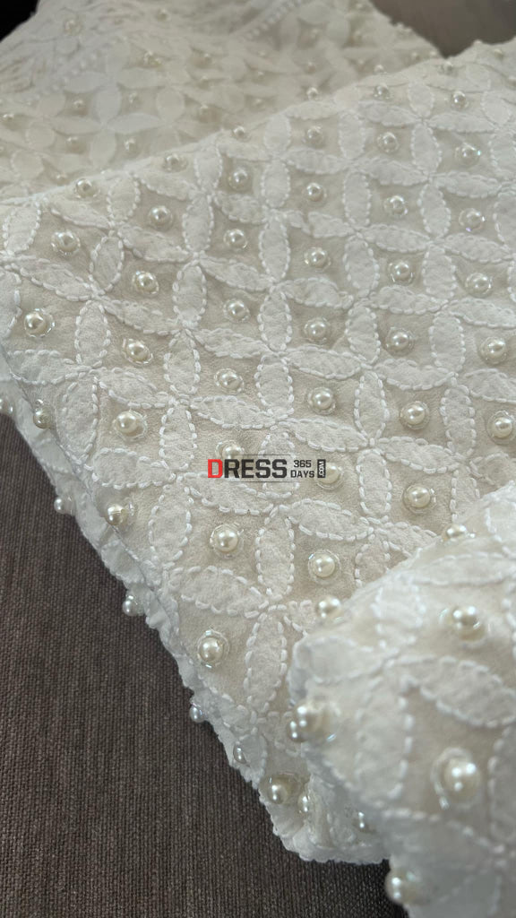 Ivory White Pearl Chikankari Dupatta (Pure Georgette)