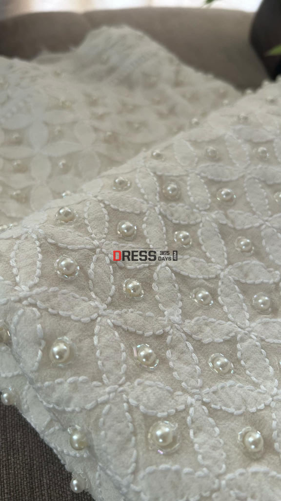 Ivory White Pearl Chikankari Dupatta (Pure Georgette)