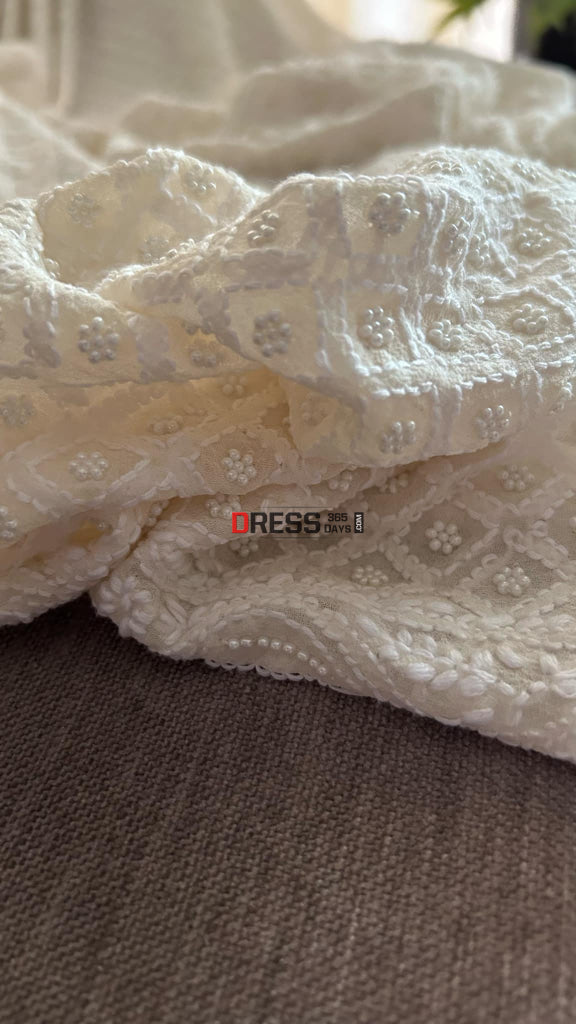 Ivory White Pearl Chikankari Dupatta (Pure Georgette)