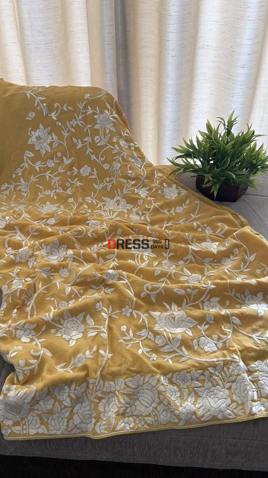 Ivory & Yellow Parsi Gara Kurti Fabric (Only Kurti) Suits