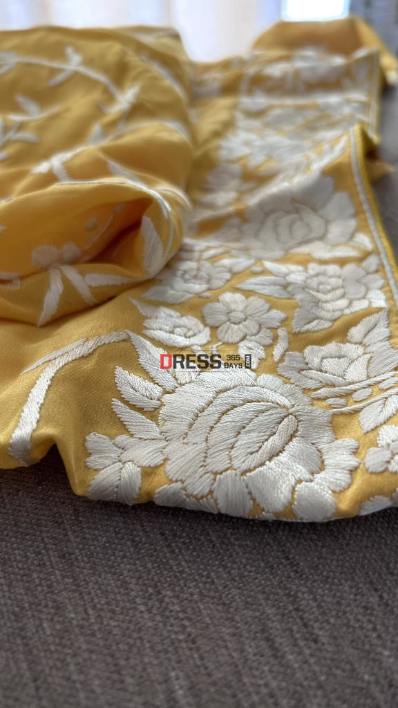 Ivory & Yellow Parsi Gara Kurti Fabric (Only Kurti) Suits