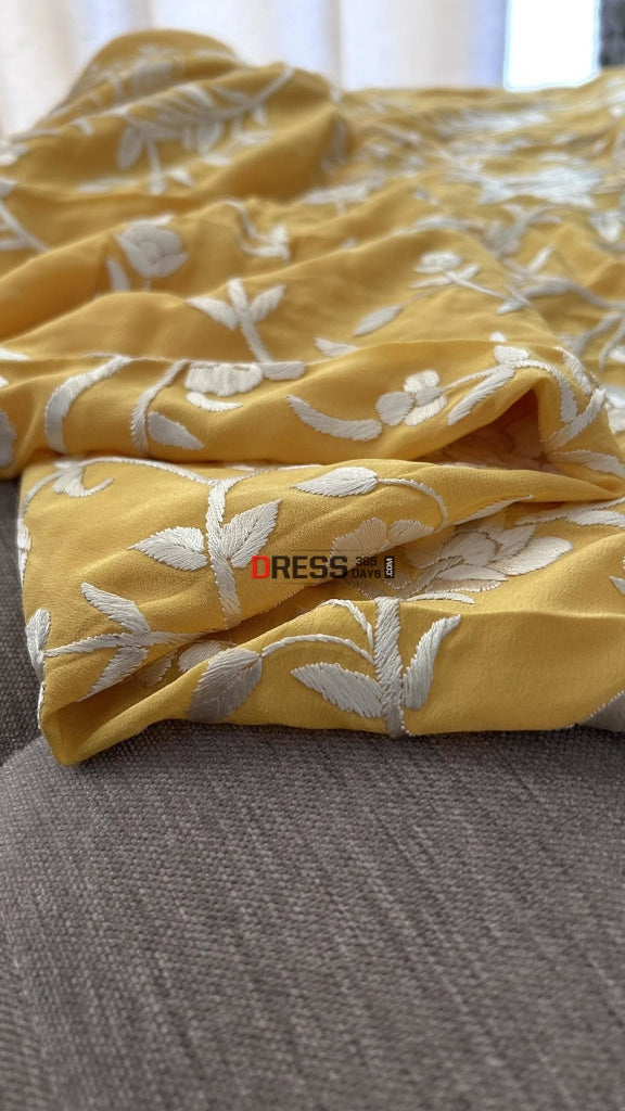 Ivory & Yellow Parsi Gara Kurti Fabric (Only Kurti) Suits