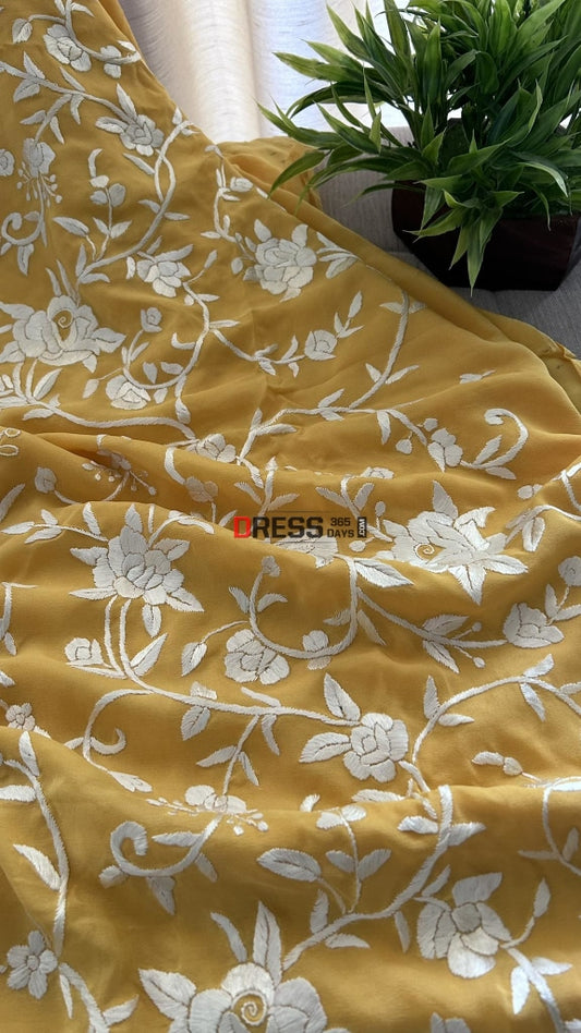 Ivory & Yellow Parsi Gara Kurti Fabric (Only Kurti) Suits