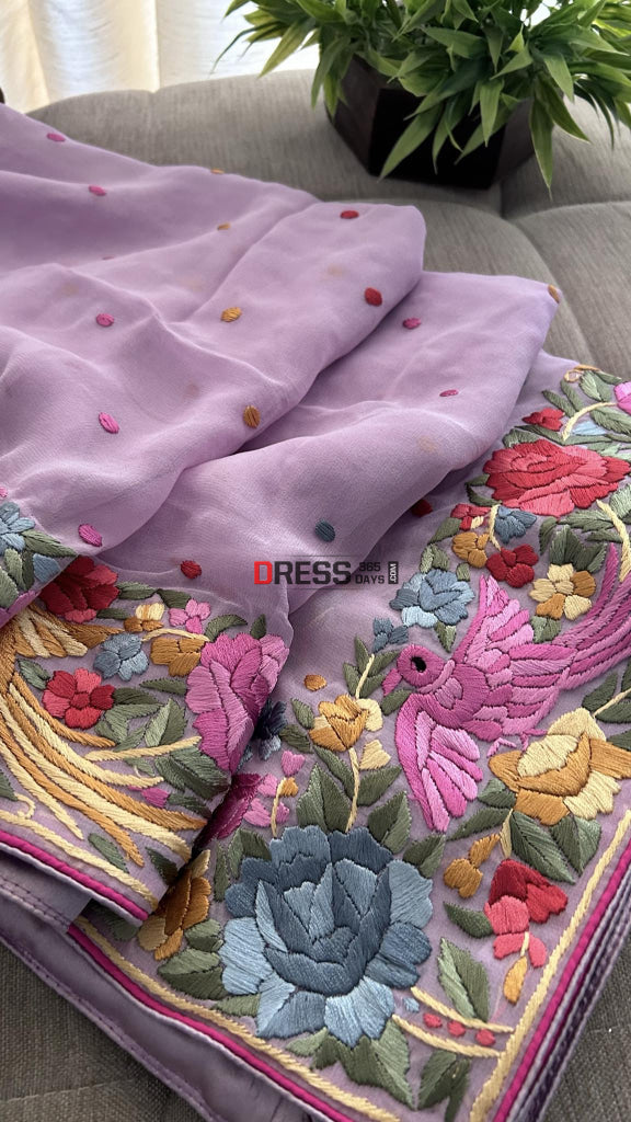 Lavender Parsi Gara Hand Embroidered Dupatta