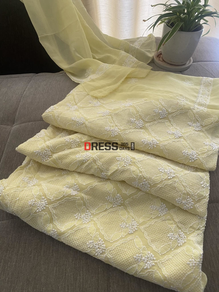 Lemon Yellow Hand Jaali Lucknowi Chikankari Suit Suits