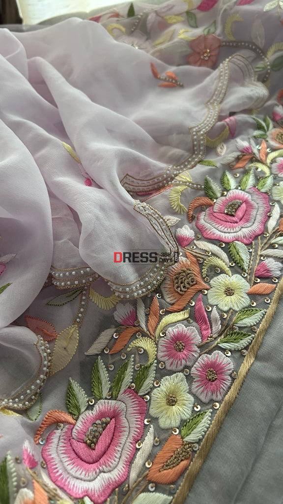 Lilac Parsi Gara & Chikankari Pearl Suit Suits