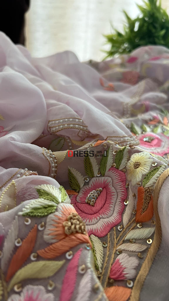 Lilac Parsi Gara & Chikankari Pearl Suit Suits