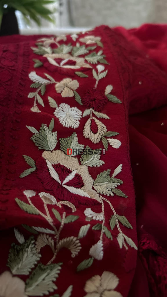 Maroonish Red Chikankari Parsi Gara Daman Suit (Kurta & Dupatta) Suits