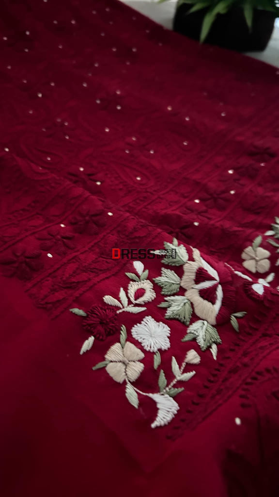 Maroonish Red Chikankari Parsi Gara Daman Suit (Kurta & Dupatta) Suits