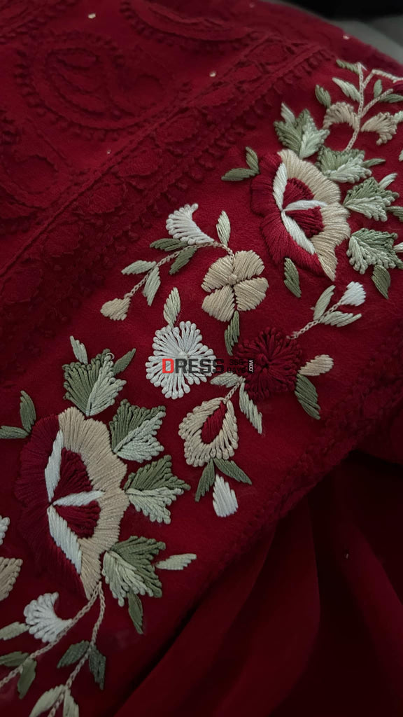 Maroonish Red Chikankari Parsi Gara Daman Suit (Kurta & Dupatta) Suits