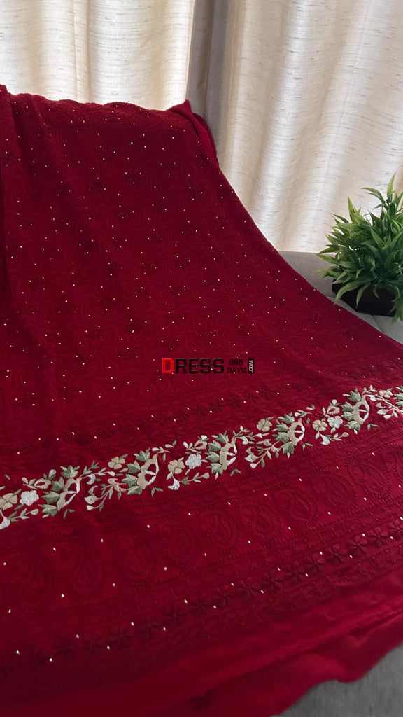 Maroonish Red Chikankari Parsi Gara Daman Suit (Kurta & Dupatta) Suits