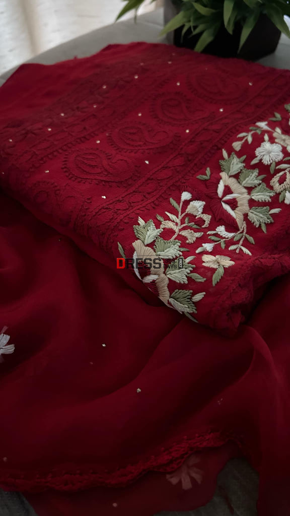 Maroonish Red Chikankari Parsi Gara Daman Suit (Kurta & Dupatta) Suits