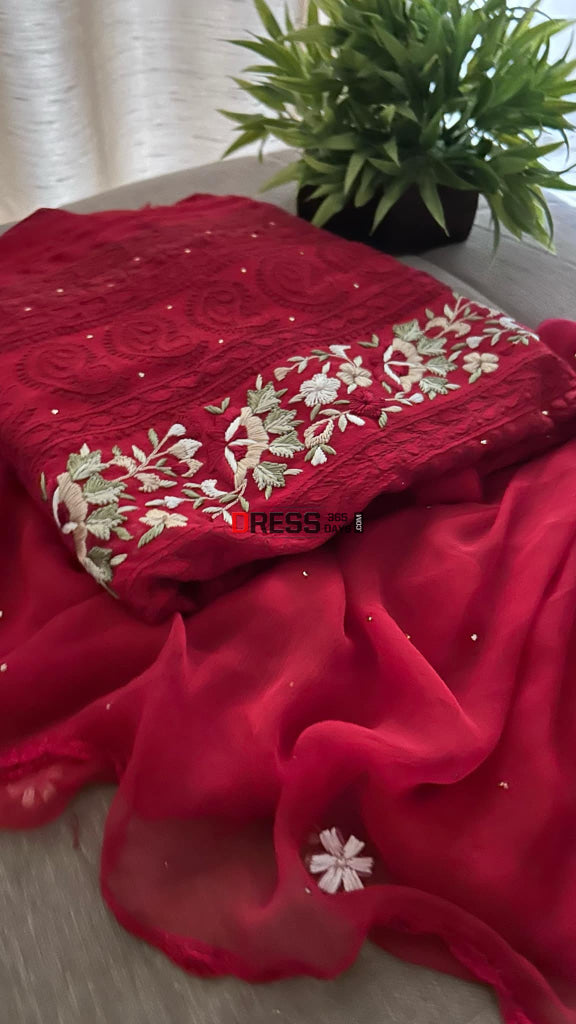 Maroonish Red Chikankari Parsi Gara Daman Suit (Kurta & Dupatta) Suits