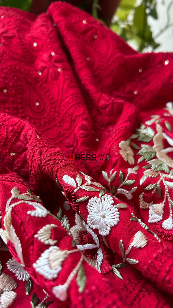 Maroonish Red Chikankari Parsi Gara Daman Suit (Kurta & Dupatta) Suits