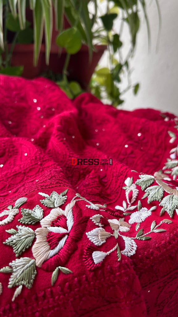 Maroonish Red Chikankari Parsi Gara Daman Suit (Kurta & Dupatta) Suits