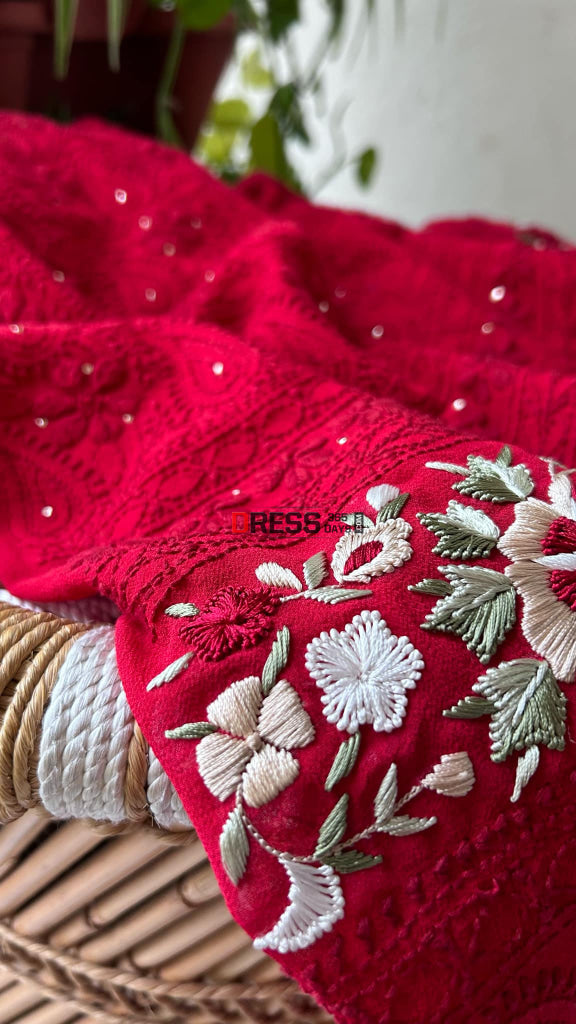 Maroonish Red Chikankari Parsi Gara Daman Suit (Kurta & Dupatta) Suits