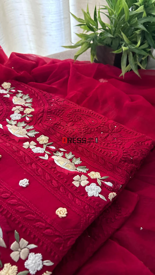 Maroonish Red Chikankari Parsi Gara Neckline Kurta Dupatta Set Suits