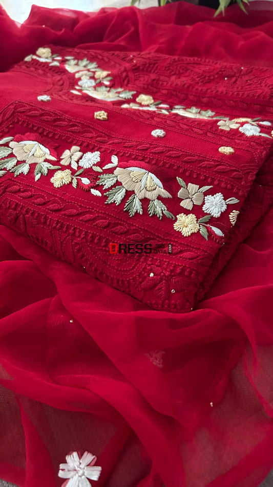 Maroonish Red Chikankari Parsi Gara Neckline Kurta Dupatta Set Suits