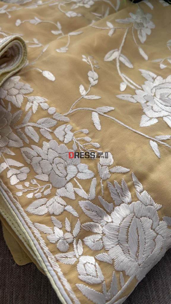 Mustard Yellow Floral Parsi Gara Suit (Three Piece) Parsi Gara Suits
