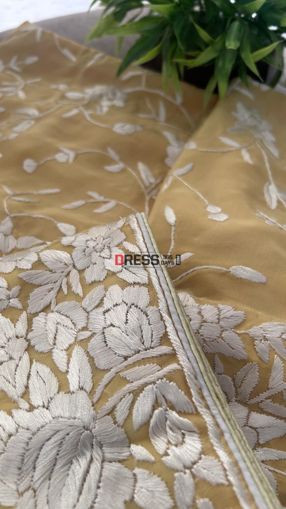 Mustard Yellow Floral Parsi Gara Suit (Three Piece) Parsi Gara Suits