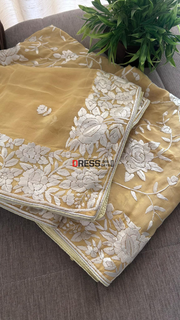 Mustard Yellow Floral Parsi Gara Suit (Three Piece) Parsi Gara Suits