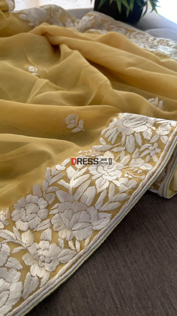 Mustard Yellow Floral Parsi Gara Suit (Three Piece) Parsi Gara Suits