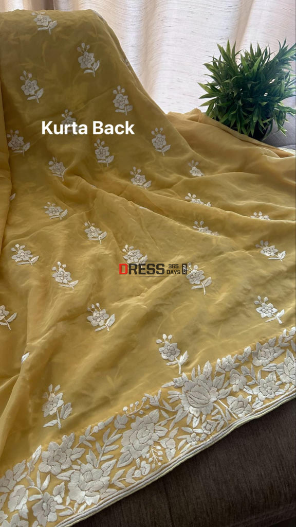 Mustard Yellow Floral Parsi Gara Suit (Three Piece) Parsi Gara Suits