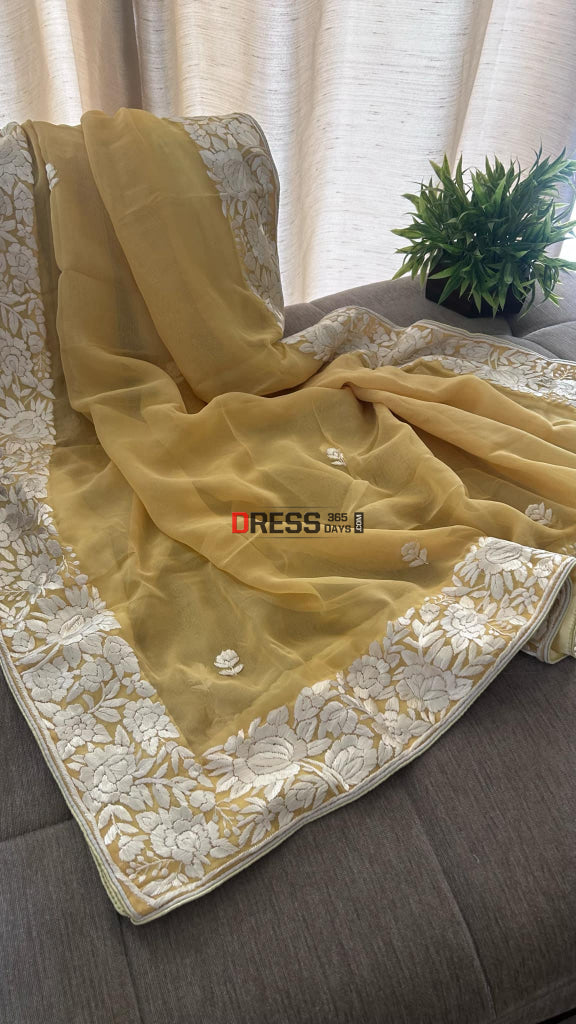 Mustard Yellow Floral Parsi Gara Suit (Three Piece) Parsi Gara Suits
