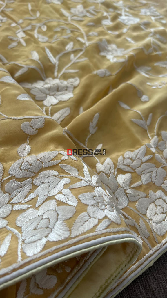 Mustard Yellow Floral Parsi Gara Suit (Three Piece) Parsi Gara Suits