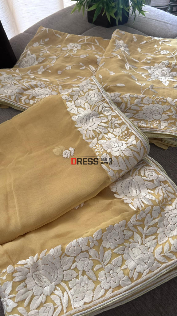 Mustard Yellow Floral Parsi Gara Suit (Three Piece) Parsi Gara Suits