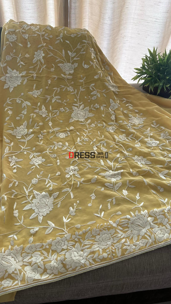 Mustard Yellow Floral Parsi Gara Suit (Three Piece) Parsi Gara Suits