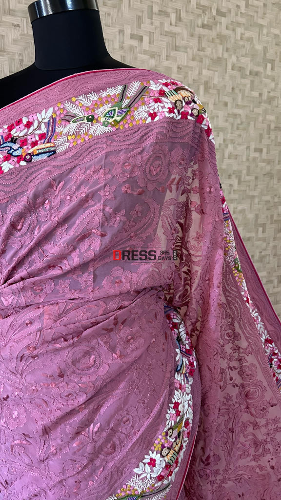 Old Rose Pink Parsi Gara & French Knot Chikankari Saree