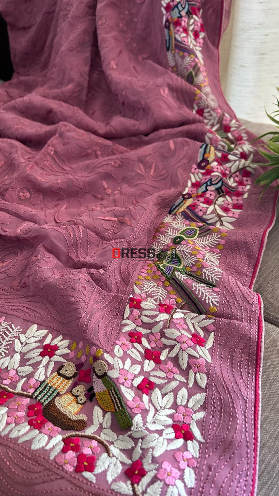 Old Rose Pink Parsi Gara & French Knot Chikankari Saree