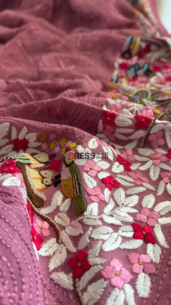 Old Rose Pink Parsi Gara & French Knot Chikankari Saree