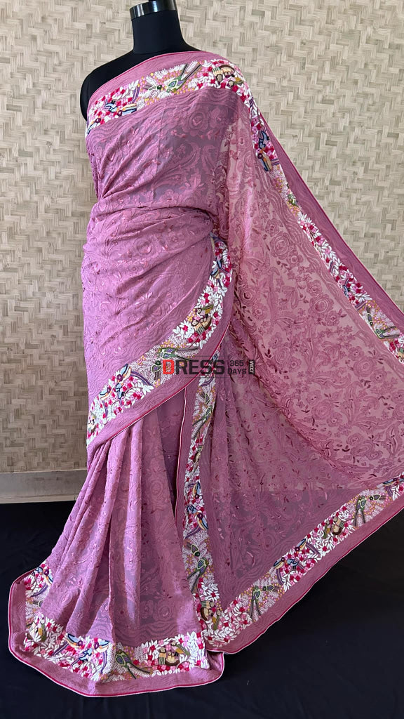 Old Rose Pink Parsi Gara & French Knot Chikankari Saree