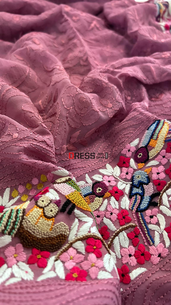 Old Rose Pink Parsi Gara & French Knot Chikankari Saree