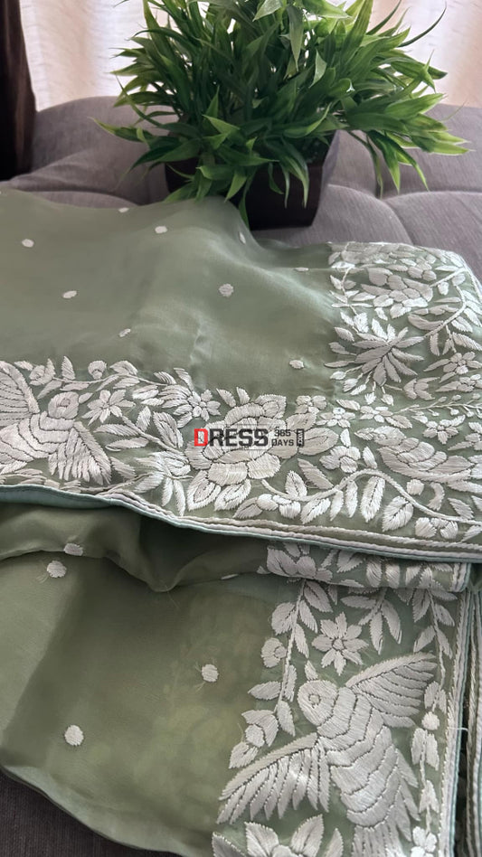 Olive Green Organza Parsi Gara Saree