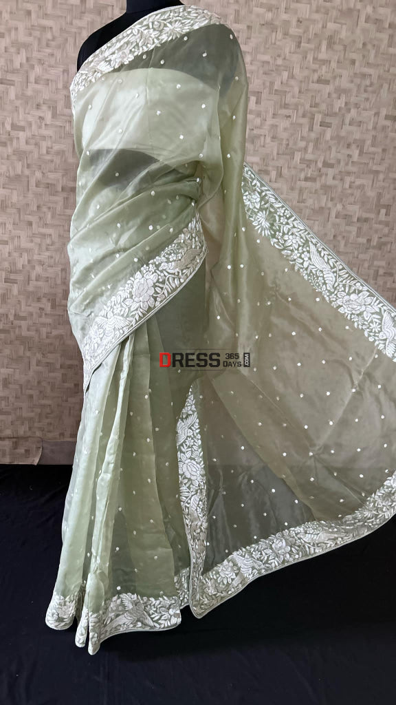 Olive Green Organza Parsi Gara Saree