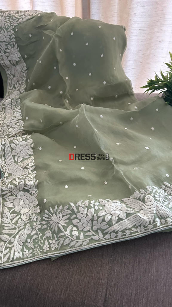 Olive Green Organza Parsi Gara Saree