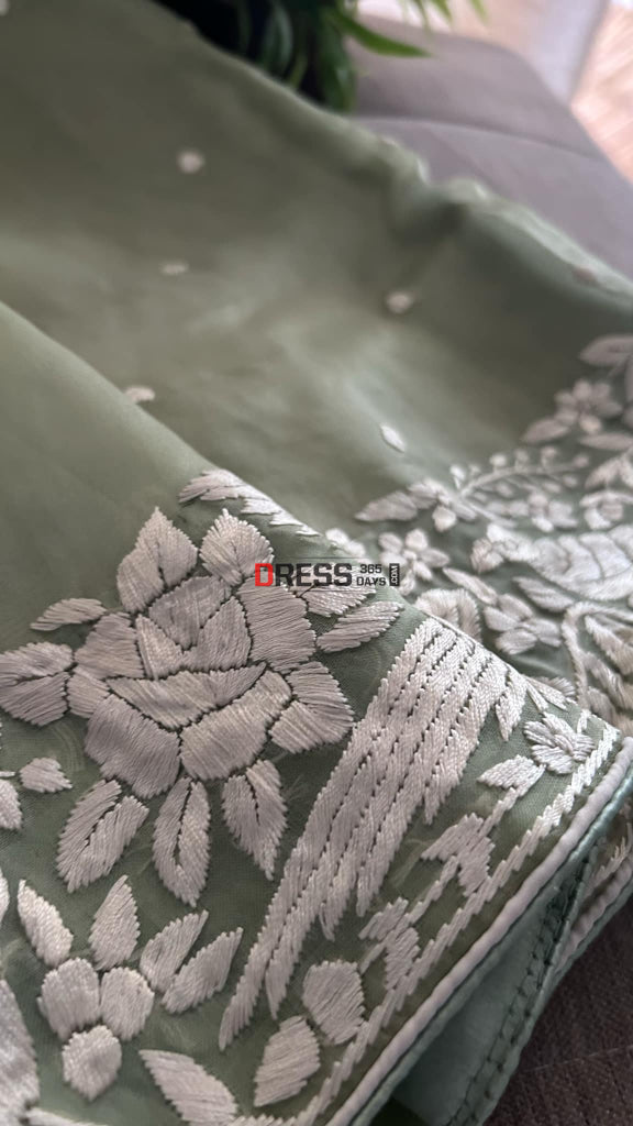 Olive Green Organza Parsi Gara Saree