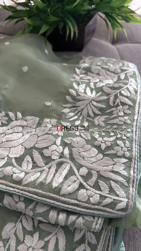 Olive Green Organza Parsi Gara Saree