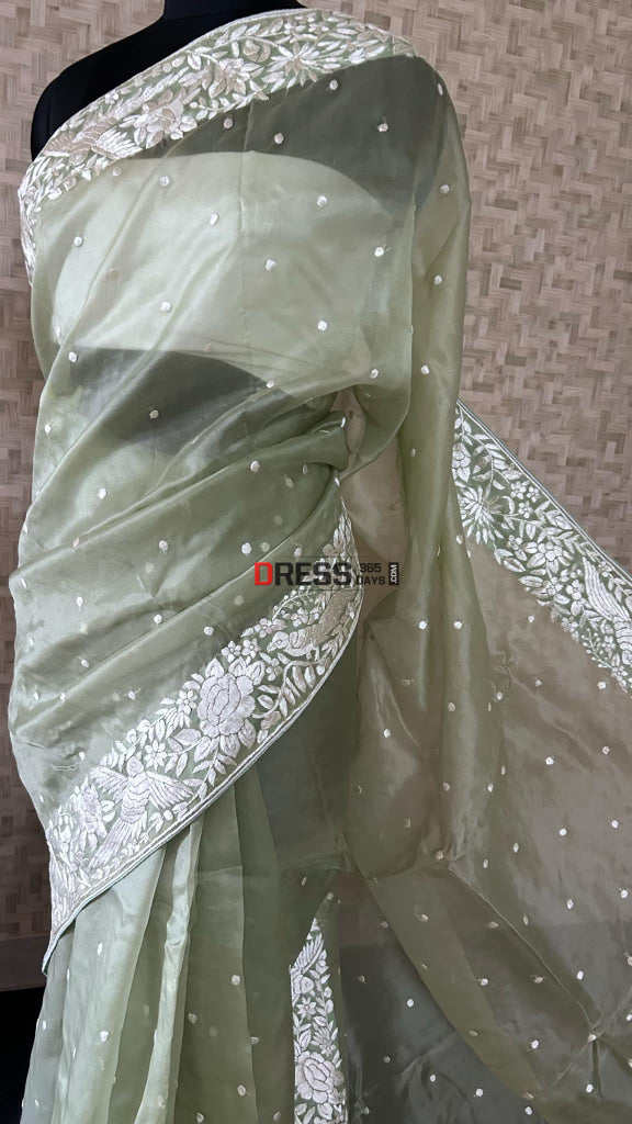 Olive Green Organza Parsi Gara Saree