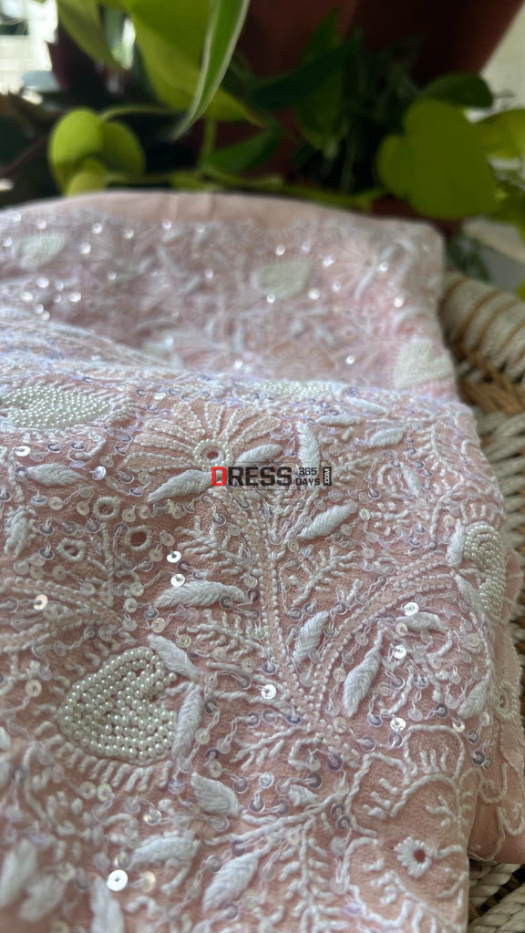 Oyster Pink Fine Chikankari Pearl Kurta Dupatta Set Suits