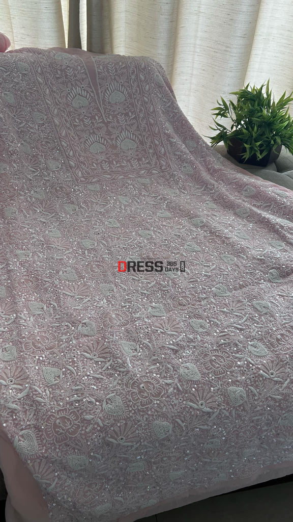 Oyster Pink Fine Chikankari Pearl Kurta Dupatta Set Suits