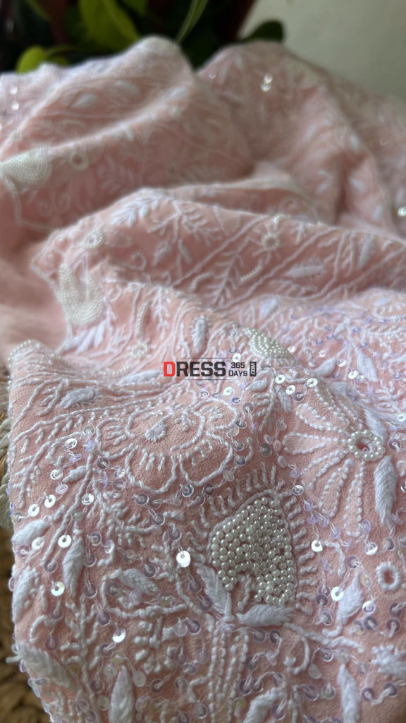 Oyster Pink Fine Chikankari Pearl Kurta Dupatta Set Suits