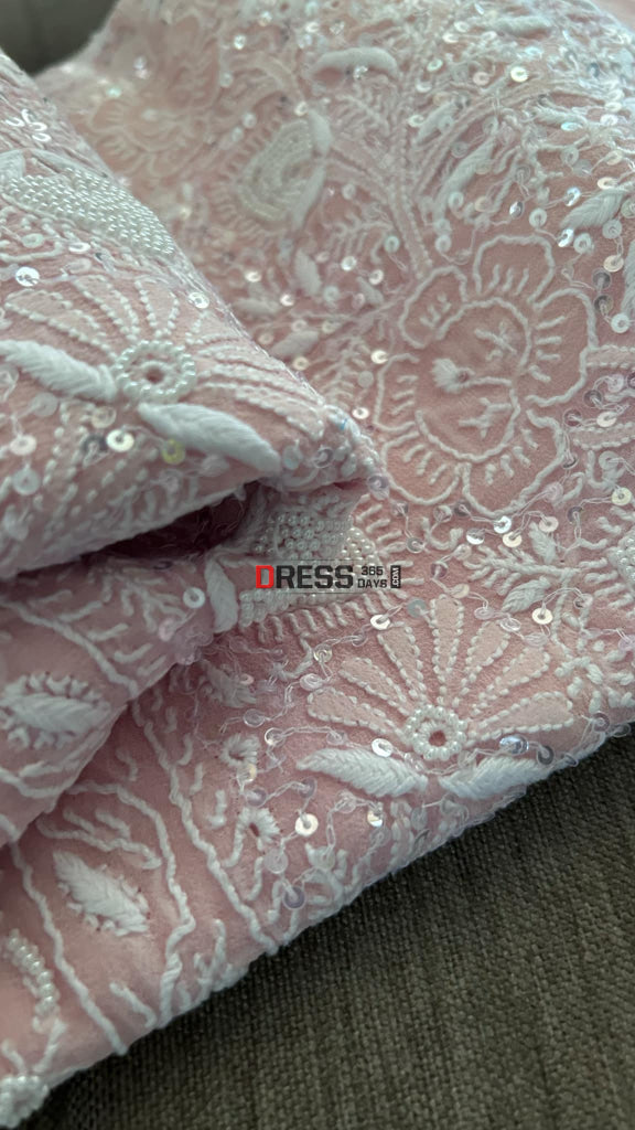 Oyster Pink Fine Chikankari Pearl Kurta Dupatta Set Suits