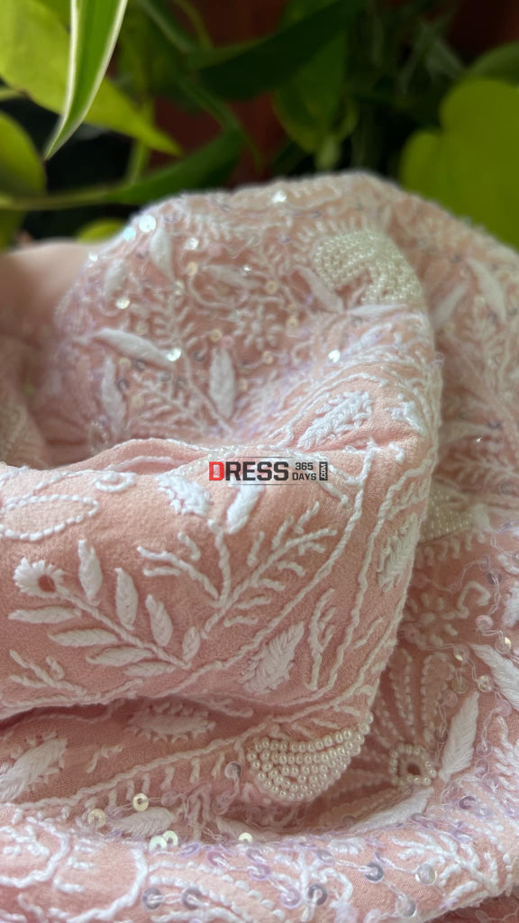 Oyster Pink Fine Chikankari Pearl Kurta Dupatta Set Suits