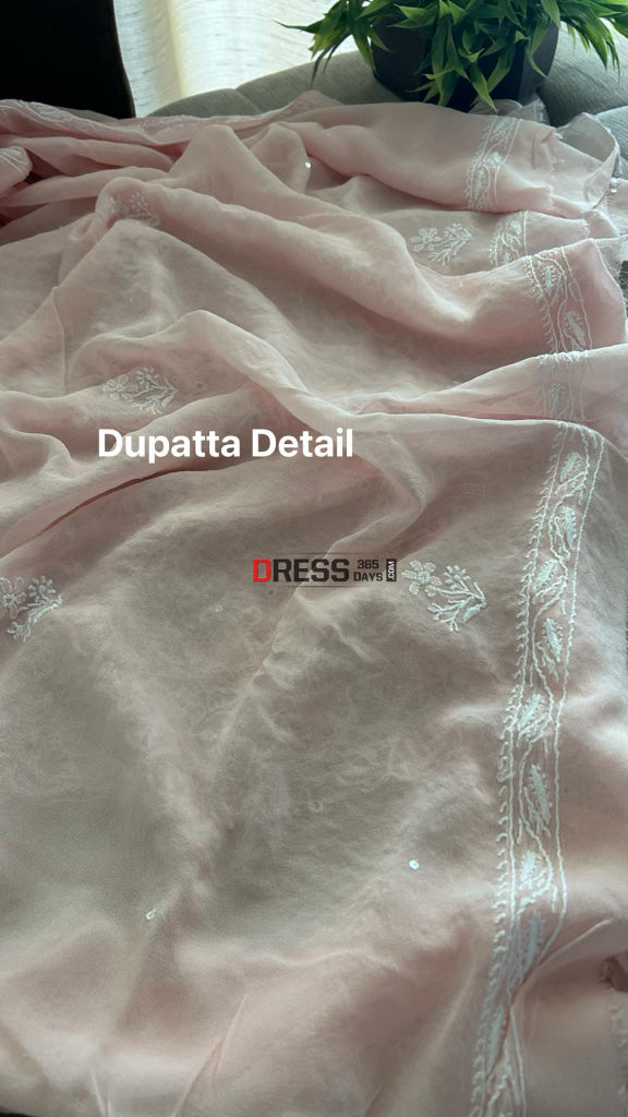 Oyster Pink Fine Chikankari Pearl Kurta Dupatta Set Suits