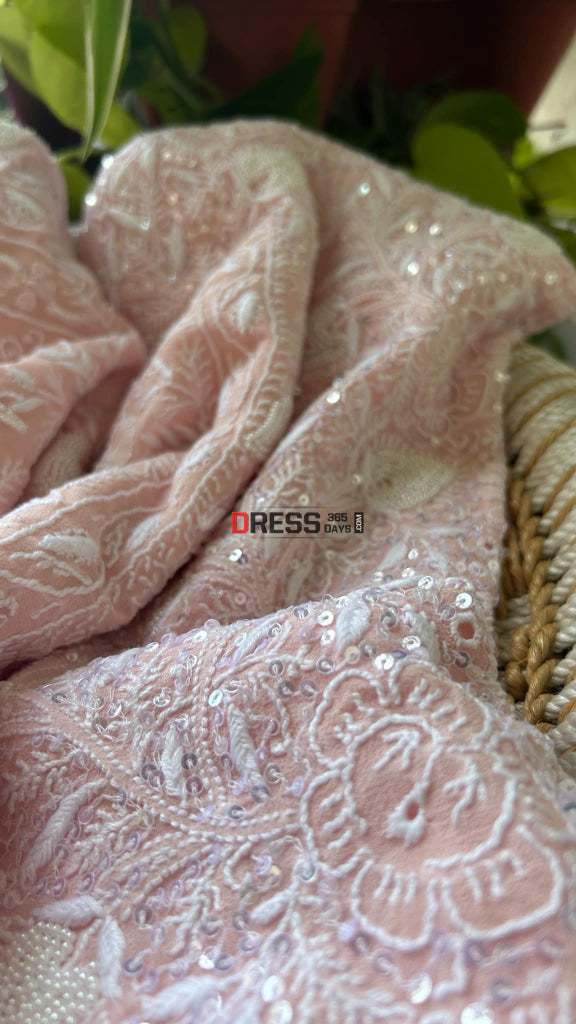 Oyster Pink Fine Chikankari Pearl Kurta Dupatta Set Suits