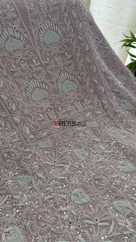 Oyster Pink Fine Chikankari Pearl Kurta Dupatta Set Suits